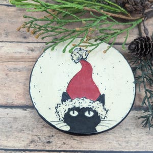 Cat with Santa hat ceramic dish, Christmas kitty, pottery cat, jewelry dish, sgraffito cat pottery, cat bowl, cat lover, pottery anniversary