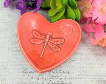 Pumpkin orange dragonfly heart shaped jewelry dish, can be used for earring, wedding ring, trinket, tea bag or incense bowl, anniversary