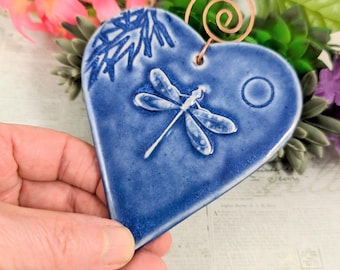 Blue dragonfly ceramic heart ornament, handmade glazed wall decor,  pottery anniversary, housewarming, Christmas gifts
