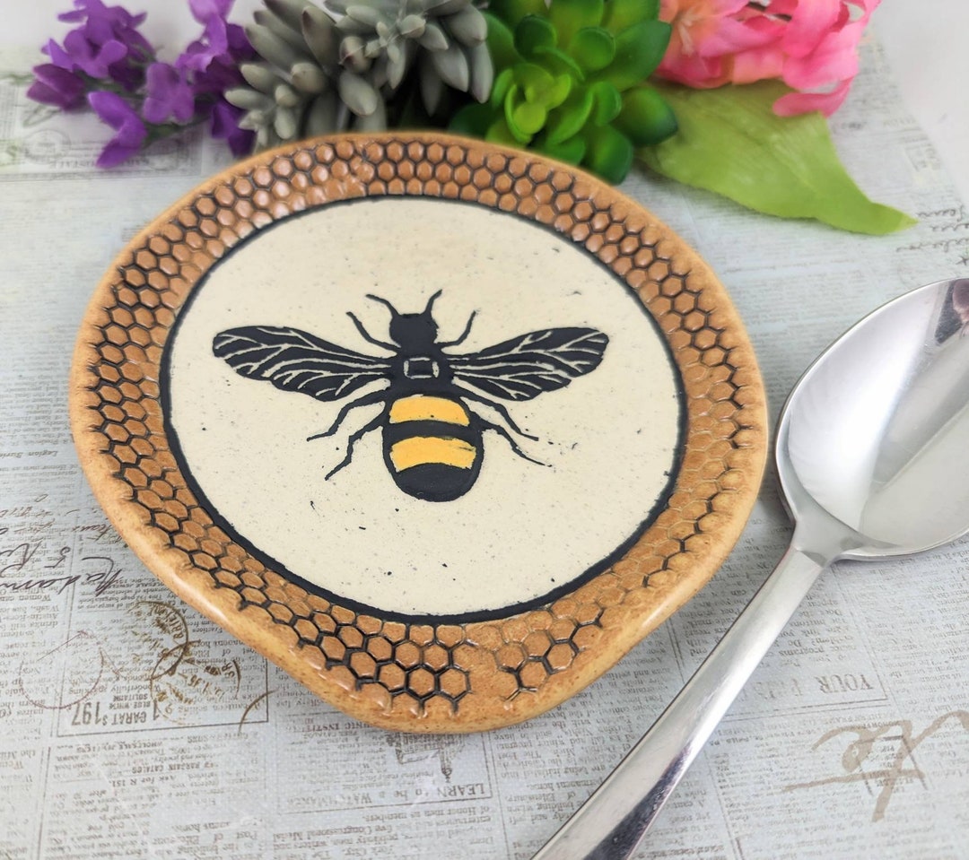 Bee Spoon Rest, Bumble Bee Spoon Rest, Sgraffito Bee Spoon Rest, Black ...