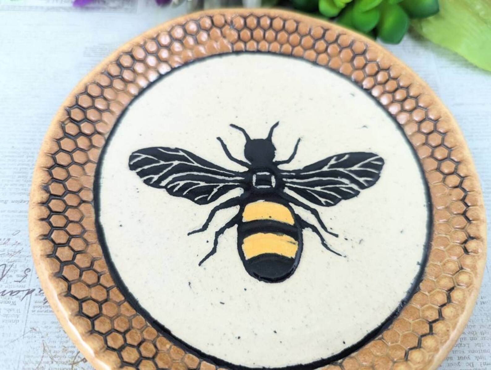 Bee Spoon Rest, Bumble Bee Spoon Rest, Sgraffito Bee Spoon Rest, Black ...
