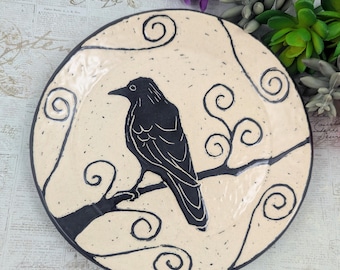 8 inch Raven or crow bird sgraffito ceramic plate, raven pottery, black white raven or crow plate, crow pottery, bird lover, anniversary