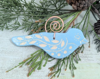 Cute Blue Bird ceramic sgraffito hanging ornament, bird pottery, ceramic bird Christmas decoration , bird lover gift, pottery anniversary