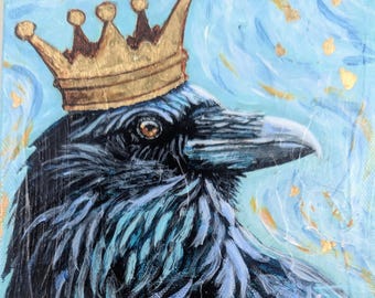 6 x 6" Raven Royalty 5  original acrylic painting on 1.5" wrapped canvas, original raven crow bird paintings, bird lover, art gift men