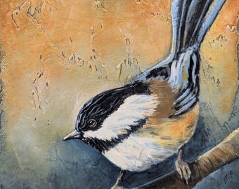 6" x 6", "Cute Chickadee"", original acrylic painting on 1.5" wrapped canvas, original Chickadee bird painting, bird lover, birder gift