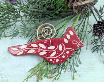 Cute Cardinal ceramic sgraffito hanging ornament, bird pottery, ceramic bird Christmas decoration , bird lover gift, pottery anniversary