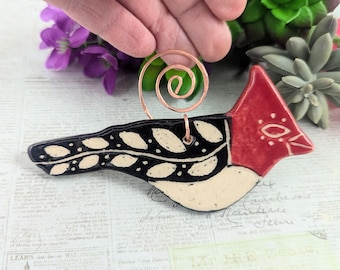 Cute woodpecker ceramic bird sgraffito hanging ornament,  Christmas tree decoration , bird lover gift, pottery anniversary