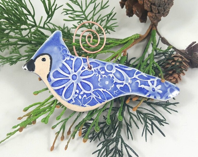 Blue Jay bird ornament, ceramic bird ornament, bird Christmas tree ornament, blue bird , gift bird lover, pottery anniversary, valentine