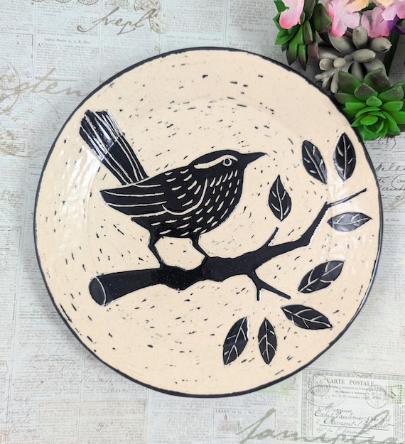 Carolina Wren Black and White Ceramic Dish, Pottery Bird, Jewelry