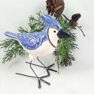 Blue Jay bird ceramic sculpture, bird pottery, pottery anniversary gift, bird figurine, bird art, bird lover gift