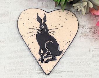 Rabbit or hare black and white heart shaped ceramic tile for backsplash or countertop, rabbit lover, pottery anniversary