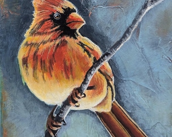 6 x 6" Gold Lady Cardinal original acrylic painting on 1.5" gallery wrapped canvas, original cardinal bird paintings, bird lover, art gift
