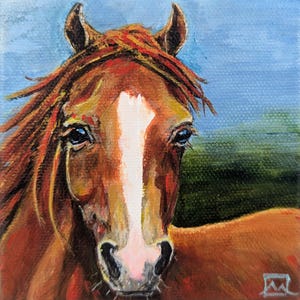 4&quot; x 4&quot;, &quot;Red&quot;, chestnut horse with white blaze, original acrylic painting on 1.5&quot; wrapped canvas,horse paintings, horse lover