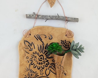 Chrysanthemum flowers goldenrod ceramic wall hanging tile with bud vase, garden art, pottery anniversary