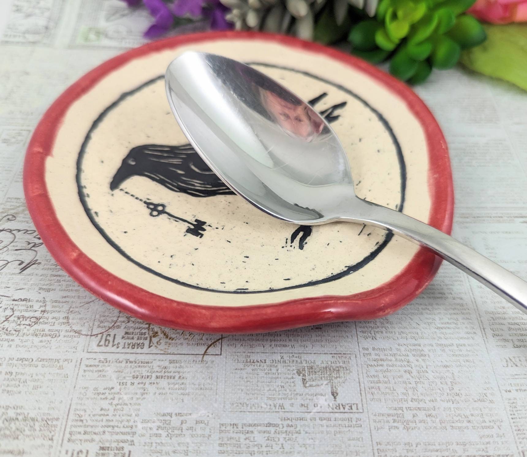 Crow or Raven Spoon Rest, Sgraffito Crow Spoon Rest, Black and White ...