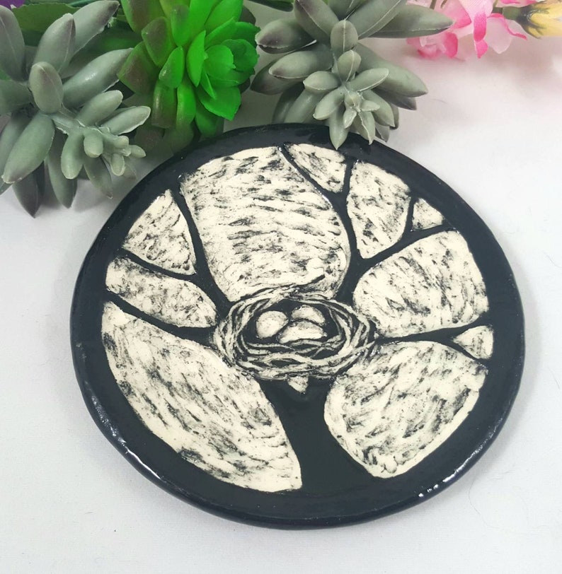 sgraffito bird pottery bowl pottery bird nest bird lover gift jewelry dish pottery anniversary Bird nest black and white ceramic dish