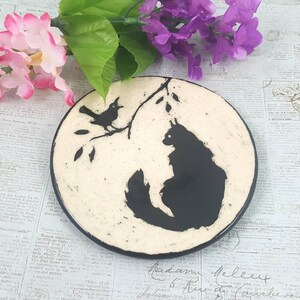Fluffy cat black and white ceramic dish, pottery cat, jewelry dish, sgraffito pottery, cat ceramic bowl, cat lover gift, anniversary gift,
