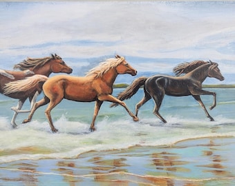 12" x 24", "Three Horses Running in Surf", original acrylic painting 1.5" wood panel, galloping horses and beach waves