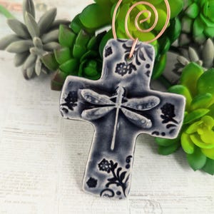 Grey blue dragonfly cross, wall cross, baptism cross, religious ornament, christening cross, pottery cross,  religious wall art, Easter