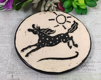 Galloping horse sgraffito ceramic plate, horse pottery, black and white horse plate, sgraffito horse, horse lover gift, anniversary gift