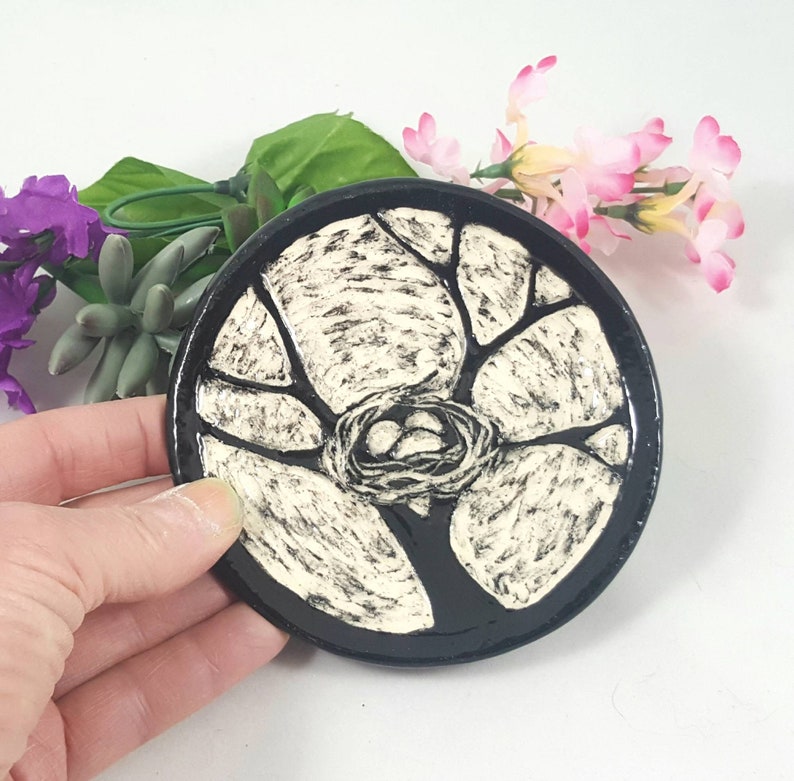 sgraffito bird pottery bowl pottery bird nest bird lover gift jewelry dish pottery anniversary Bird nest black and white ceramic dish