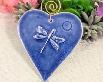 Blue dragonfly ceramic heart ornament, handmade glazed wall decor,  pottery anniversary, housewarming, Christmas gifts