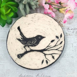 Carolina wren black and white ceramic dish, pottery bird, jewelry dish, sgraffito bird pottery bowl, bird lover gift, pottery anniversary