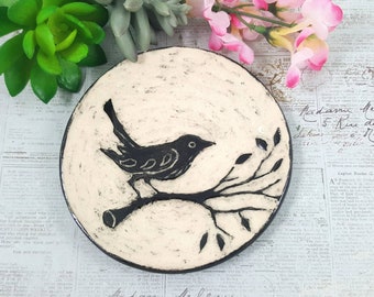 Cute wren bird black and white ceramic dish, pottery bird, jewelry dish, sgraffito bird pottery bowl, bird lover gift, pottery anniversary