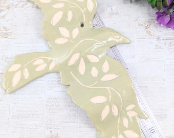 Sage green flying bird ceramic wall sculpture, green and white flying bird wall art, sgraffito bird, bird lover,  pottery anniversary