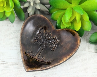 Sale 50% off Tree ceramic heart shaped jewelry dish,  can be used for wedding ring, trinkets, earrings, tea bag, pottery anniversary