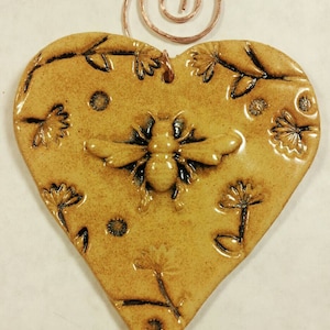 Wall heart, heart ornament, wall hanging heart, ceramic heart, bee wall ornament, bee wall art, pottery anniversary gifts