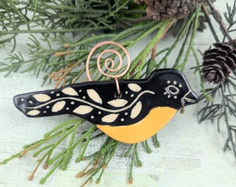 Cute Goldfinch ceramic sgraffito hanging ornament, bird pottery, ceramic bird Christmas decoration , bird lover gift, pottery anniversary