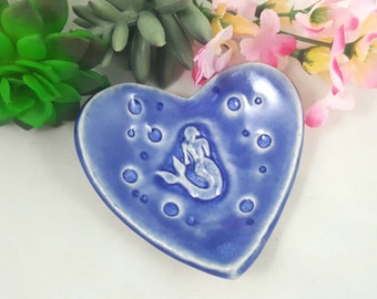Blue ceramic mermaid heart bowl, ceramic ring dish, trinket bowl, tea bag bowl, blue pottery mermaid heart, Valentine, wedding ring dish