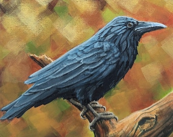 8 x 8" Raven in Autumn 1 original acrylic painting on canvas panel, original raven crow bird paintings, bird lover, art gift men
