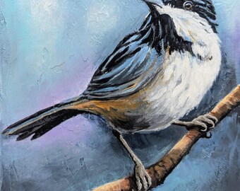 6" x 6", "Clever Chickadee"", original acrylic painting on 1.5" wrapped canvas, original Chickadee bird painting, bird lover, birder gift