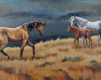 12" x 24", "High Country Horses", original acrylic painting 1.5" wood panel, stallion, mare and foal