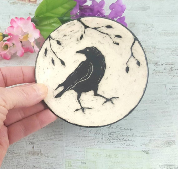 Raven or Crow Bird Sgraffito Ceramic Plate Crow Dish Raven