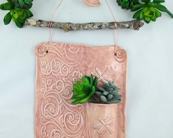 Dragonfly dusty pink ceramic wall hanging tile with bud vase, garden art, pottery anniversary