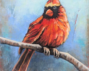 6 x 6" Mister Red Cardinal original acrylic painting on 1.5" gallery wrapped canvas, original cardinal bird paintings, bird lover, art gift