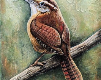 6" x 6", "Watchful Wren", original acrylic painting on 1.5" wrapped canvas, original Carolina wren bird painting, bird lover, birder gift