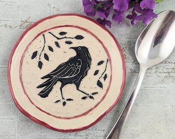 Crow or raven spoon rest, sgraffito crow spoon rest, black and white spoon rest, crow or raven pottery,  bird lover, pottery anniversary