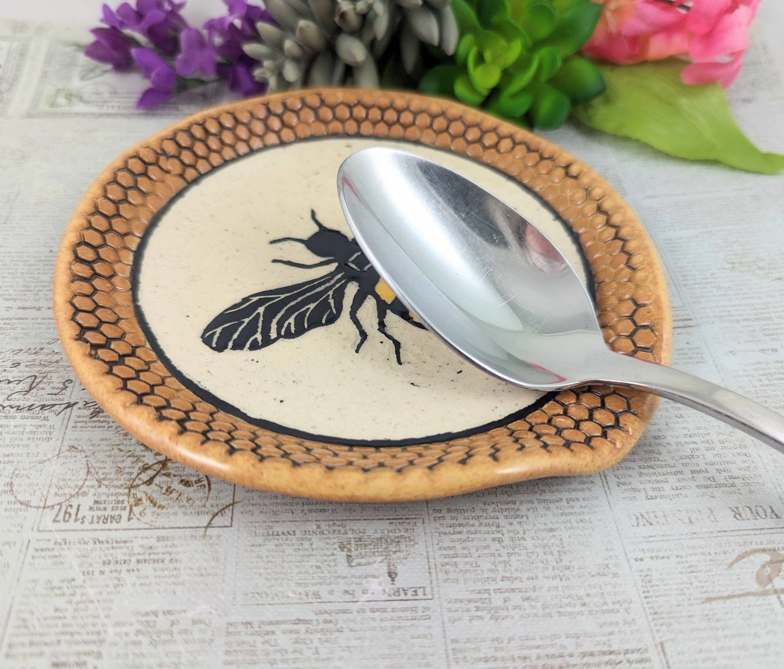Bee Spoon Rest, Bumble Bee Spoon Rest, Sgraffito Bee Spoon Rest, Black ...