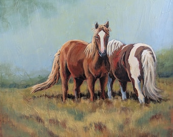 12" x 12", "Lazin' in the Grass ", grazing chestnut and paint horses , original acrylic painting 1.5" wrapped canvas, horse lover