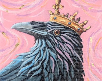 6 x 6" Raven Royalty 3  original acrylic painting on 1.5" wrapped canvas, original raven crow bird paintings, bird lover, art gift men