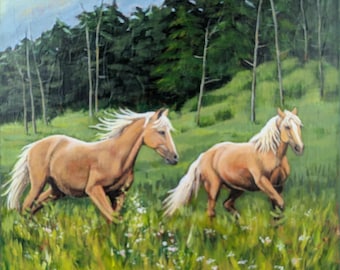 12" x 12", "Golden Harmony", original acrylic horse painting 1.5" wrapped canvas, two palomino horses running