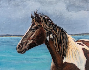 8" x 8", "Guardian of the Seaside Realm", original acrylic painting 1.5" wrapped canvas, wild paint horse looking at ocean