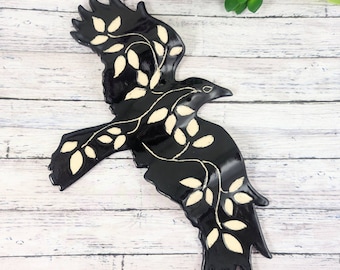 Raven or crow ceramic wall sculpture, sgraffito bird sculpture, flying bird wall art, gift for bird lover, bird pottery, pottery anniversary