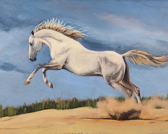 10" x 20", "Untamed Spirit and Freedom", original acrylic horse painting 1.5" wood panel, white horse leaping over sandy beach