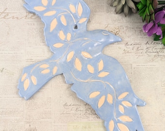 Sky blue flying bird ceramic wall sculpture, blue and white flying bird wall art, sgraffito bird sculpture, bird lover,  pottery anniversary