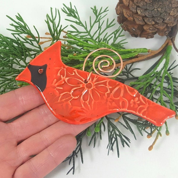 Cardinal bird ornament, ceramic bird ornament, bird Christmas tree ornament, red bird , gift bird lover, pottery anniversary, valentine